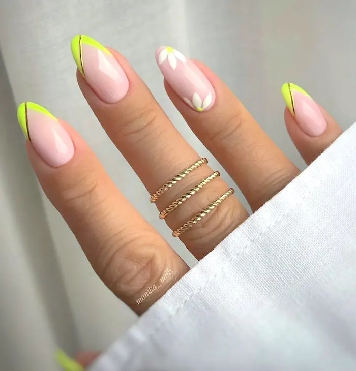 Lime neon French tip nails.