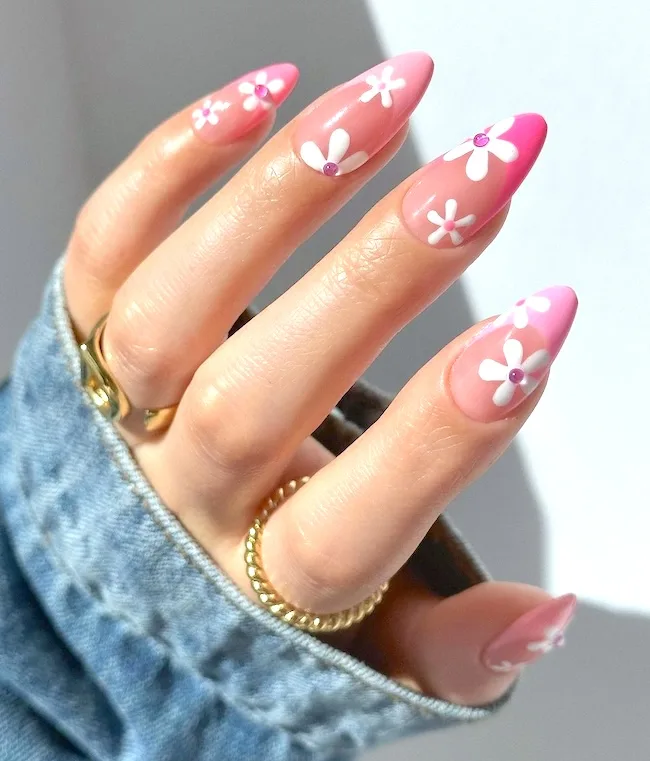 Pink and white flower nails.