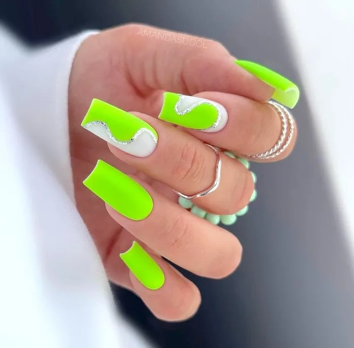 Neon green square nails.