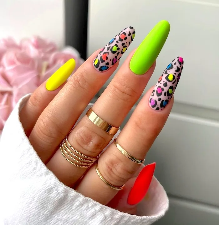 Neon cheetah nails.