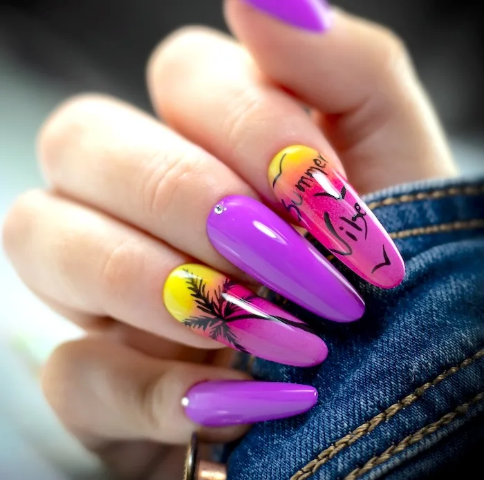 Summer vibes purple bright summer nails.