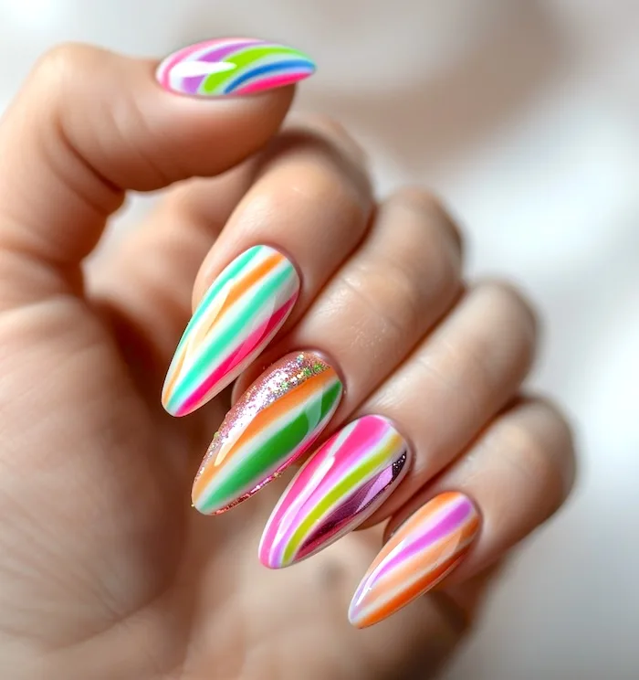 Bright striped almond nails for summer.