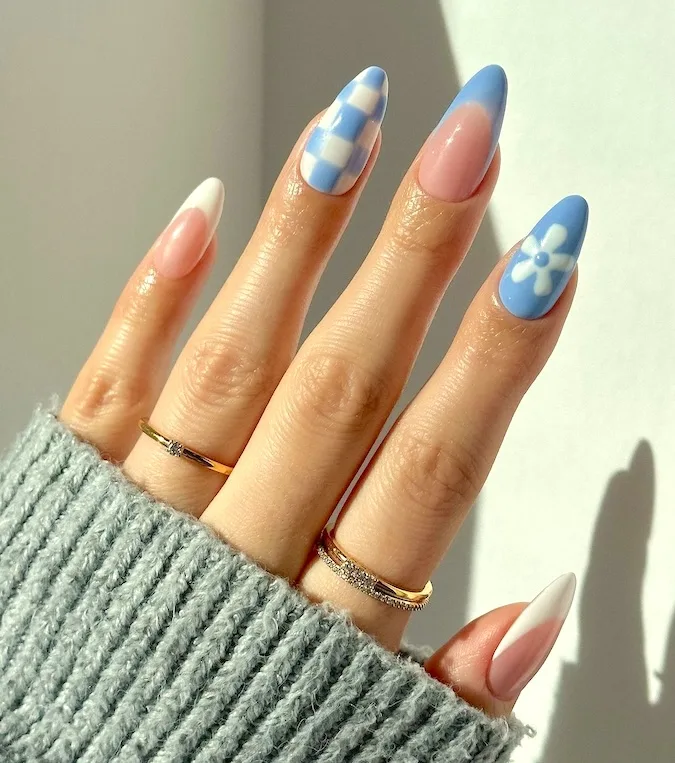 Pink and blue almond April nails.