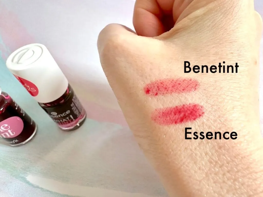 Benefit Benetint and Essence What A Tint! Lip & Cheek Tint in the shade Kiss From A Rose sampled on hand.