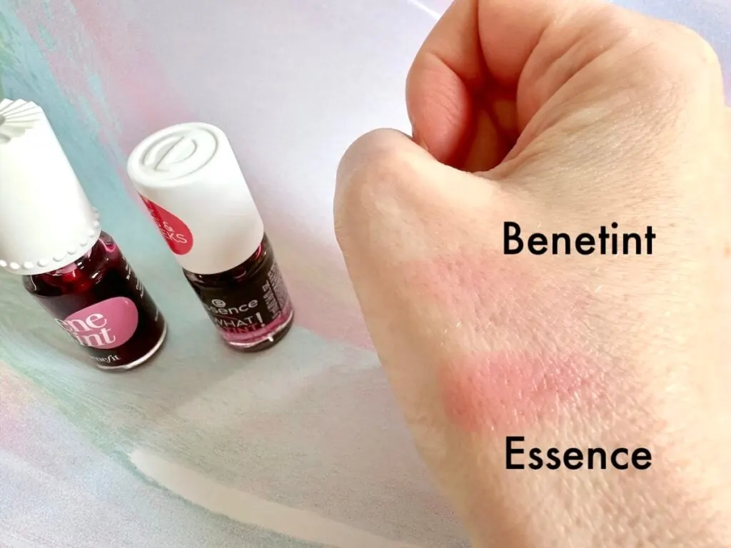 Benefit Benetint and Essence What A Tint! Lip & Cheek Tint in the shade Kiss From A Rose sampled on hand and absorbed.