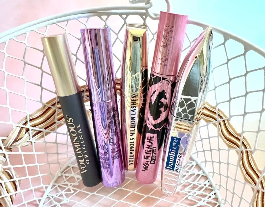 Too Faced Better Than Sex Mascara dupes in a white wire basket.