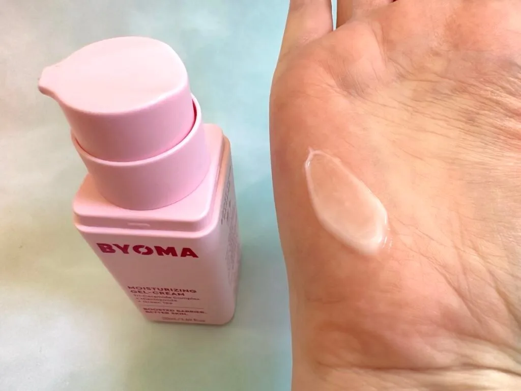 Byoma Moisturizing Gel Cream sampled on palm of hand.