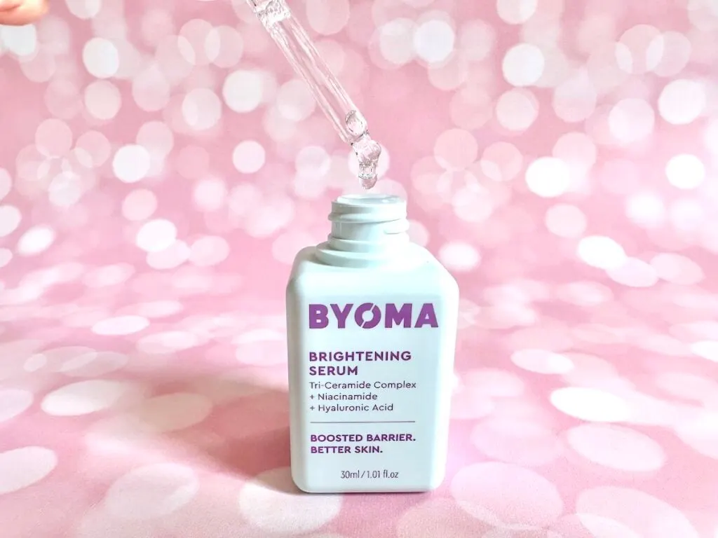 Byoma Brightening Serum, open bottle with dropper applicator.