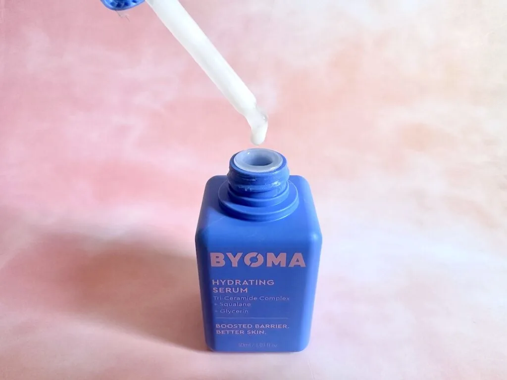 Byoma Hydrating Serum, open bottle with dropper applicator.