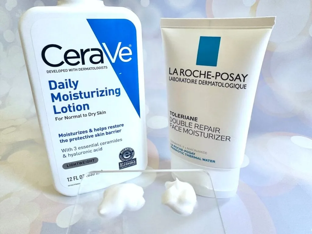 CeraVe Daily Moisturizing Lotion vs La Roche-Posay Toleriane Double Repair Face Moisturizer, bottles next to samples on clear plastic spatula.