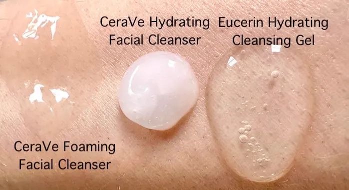 CeraVe Hydrating Facial Cleanser, Eucerin Hydrating Cleansing Gel, and CeraVe Foaming Facial Cleanser, swatched on arm.