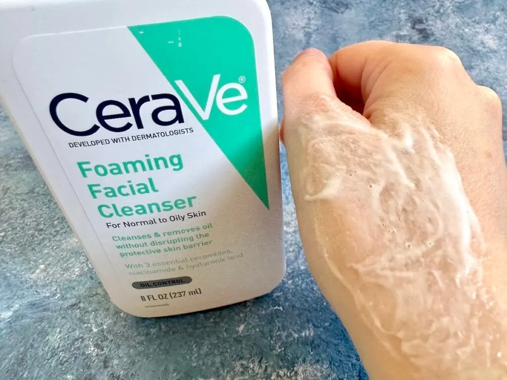 CeraVe Foaming Facial Cleanser sampled on hand.