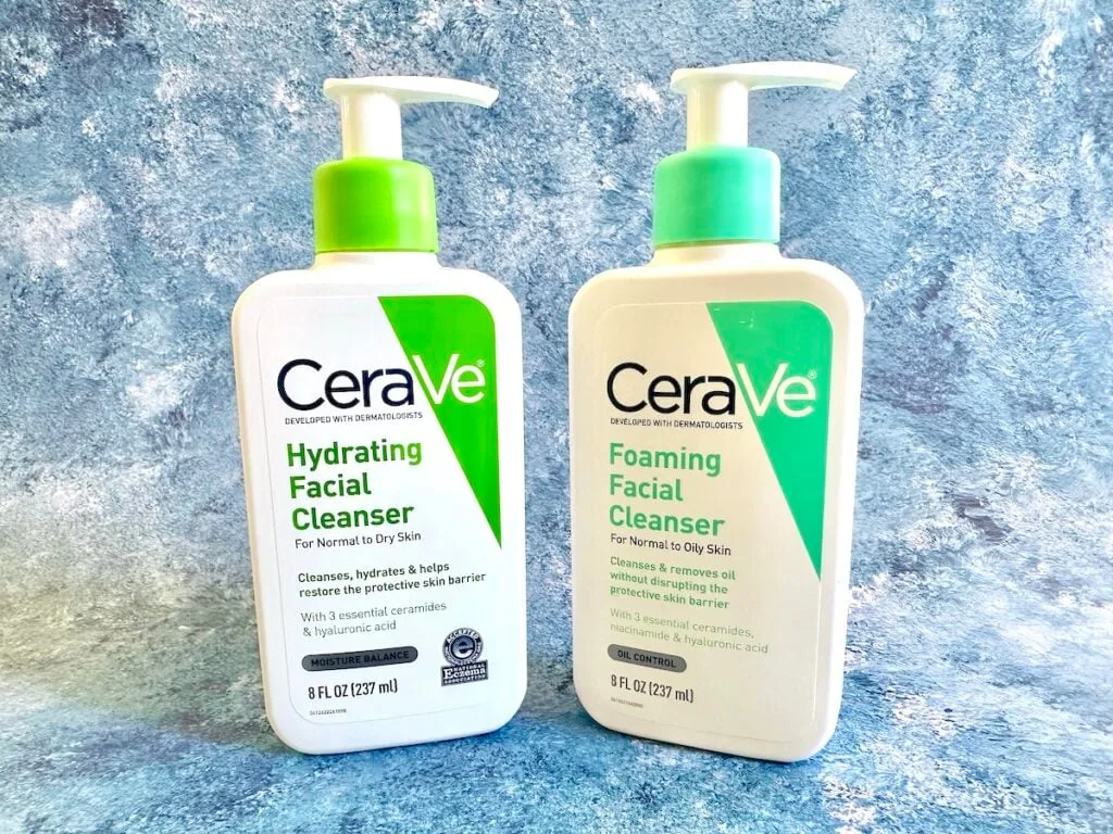 CeraVe Hydrating Cleanser and Foaming Cleanser, side by side.