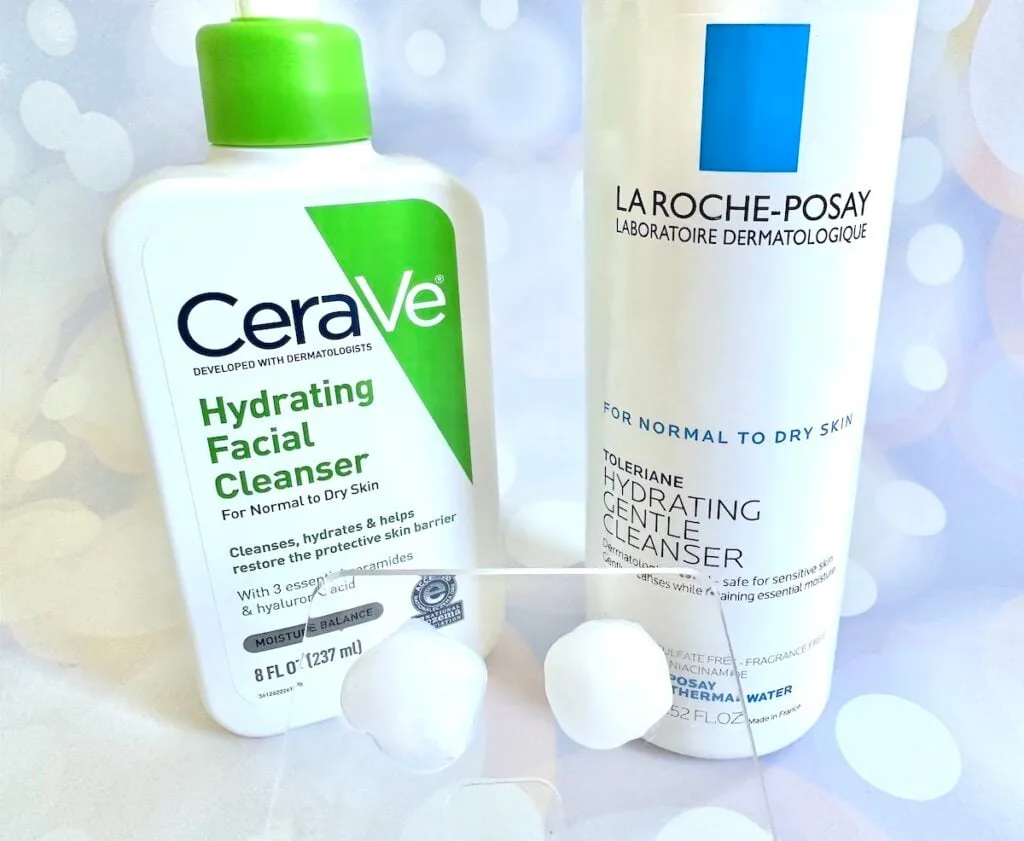 CeraVe Hydrating Facial Cleanser vs La Roche-Posay Toleriane Hydrating Gentle Cleanser, bottles next to samples on clear cosmetic spatula.