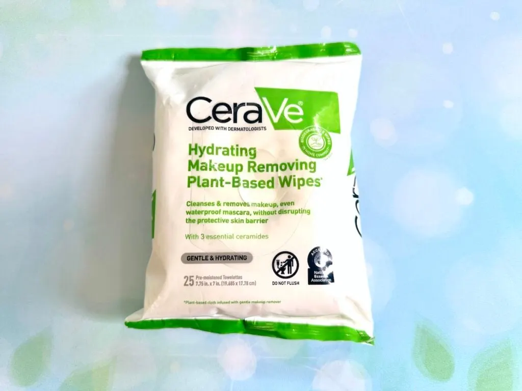 CeraVe Hydrating Makeup-Removing Plant-Based Wipes flatlay.