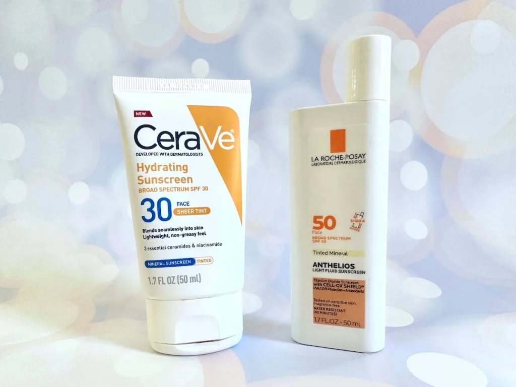 CeraVe Hydrating Mineral Sunscreen SPF 30 Face Sheer Tint vs La Roche-Posay Anthelios Tinted Sunscreen SPF 50.