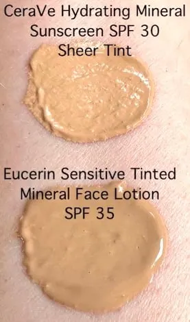 CeraVe Hydrating Mineral Sunscreen SPF 30 Sheer Tint vs Eucerin Sensitive Tinted Mineral Face Lotion SPF 35, swatched on arm.