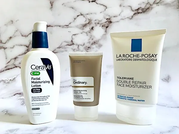 CeraVe PM Facial Moisturizing Lotion, The Ordinary Natural Moisturizing Factors + HA, and La Roche-Posay Toleraine Double Repair Facial Moisturizer