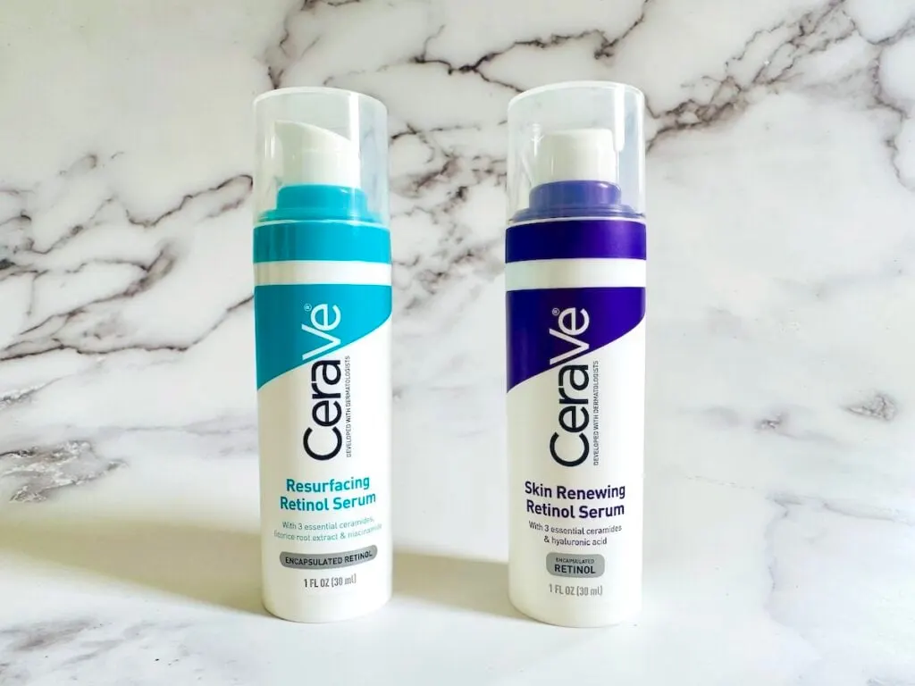 CeraVe Resurfacing Retinol Serum and CeraVe Renewing Retinol Serum.