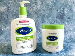 Cetaphil Moisturizing Cream vs Lotion: Cream and lotion on blue background.