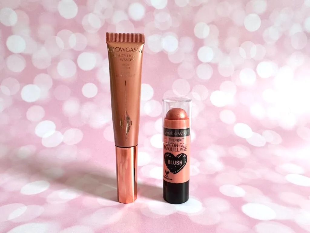 Charlotte Tilbury Beauty Light Wand in Pinkgasm. and Wet N Wild Megaglo Makeup Stick Blush in Peach Bums.