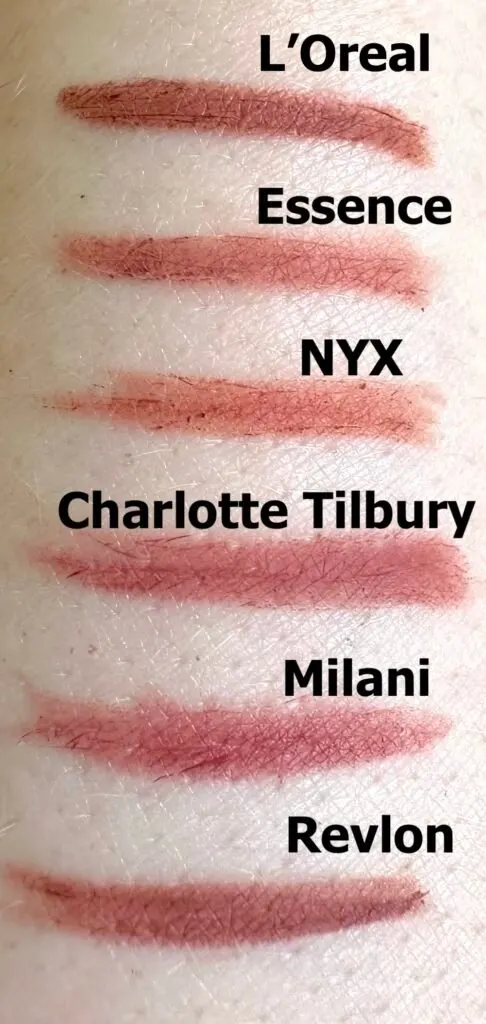 Charlotte Tilbury Pillow Talk Lip Liner and dupes swatched and labeled on arm.