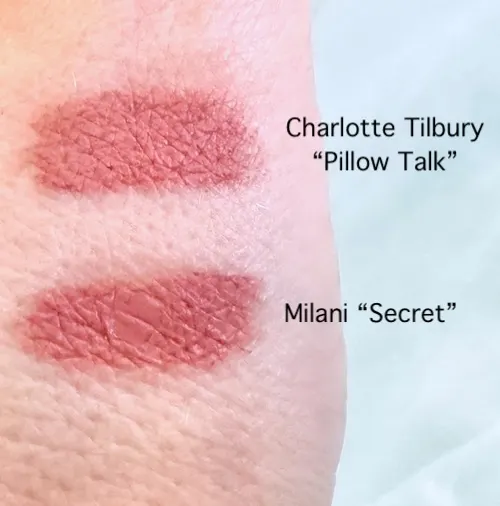 Charlotte Tilbury Pillow Talk Lipstick and Milani Color Fetish Matte Lipstick in the shade Secret, swatched on hand.