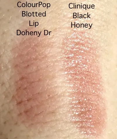 ColourPop Blotted Lip in Doheny Dr and Clinique Black Honey swatches on hand.