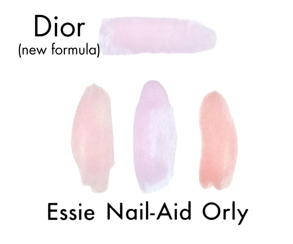 Dior (new formula), Essie, Nail-Aid, and Orly nail polish swatches.