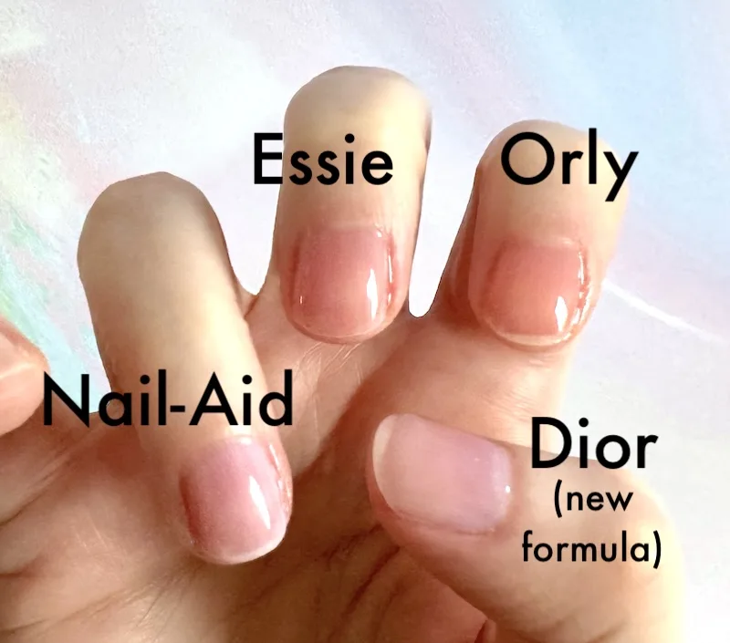 Dior (new formula), Essie, Nail-Aid, and Orly nail polish swatches on nails.