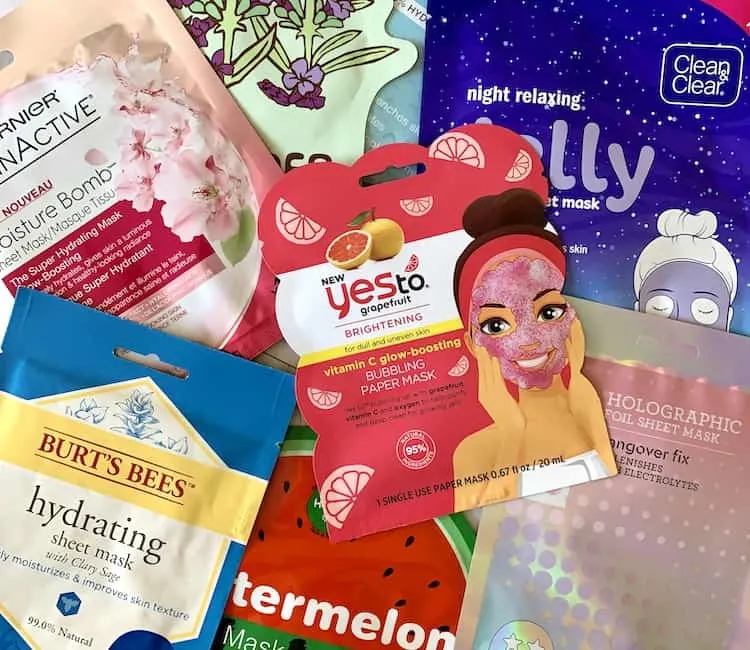 Drugstore Sheet Masks in a pile from Yes To, Burt's Bees, Garnier, Bliss and Clean & Clear