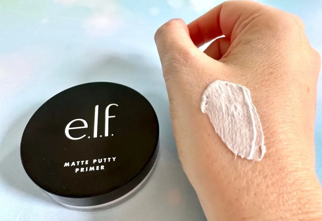 e.l.f. Matte Putty Primer jar next to sample on hand.