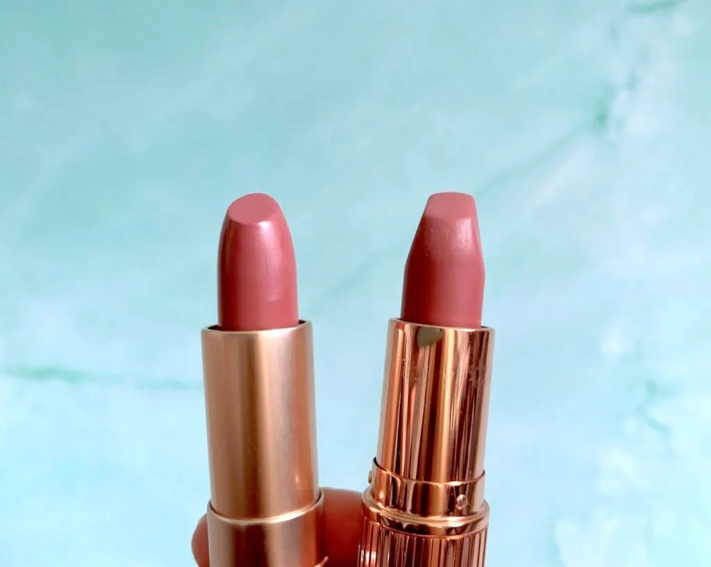 Flower Beauty Petal Pout Lip Color in Spiced Petal and Charlotte Tilbury Pillow Talk Lipstick opened.