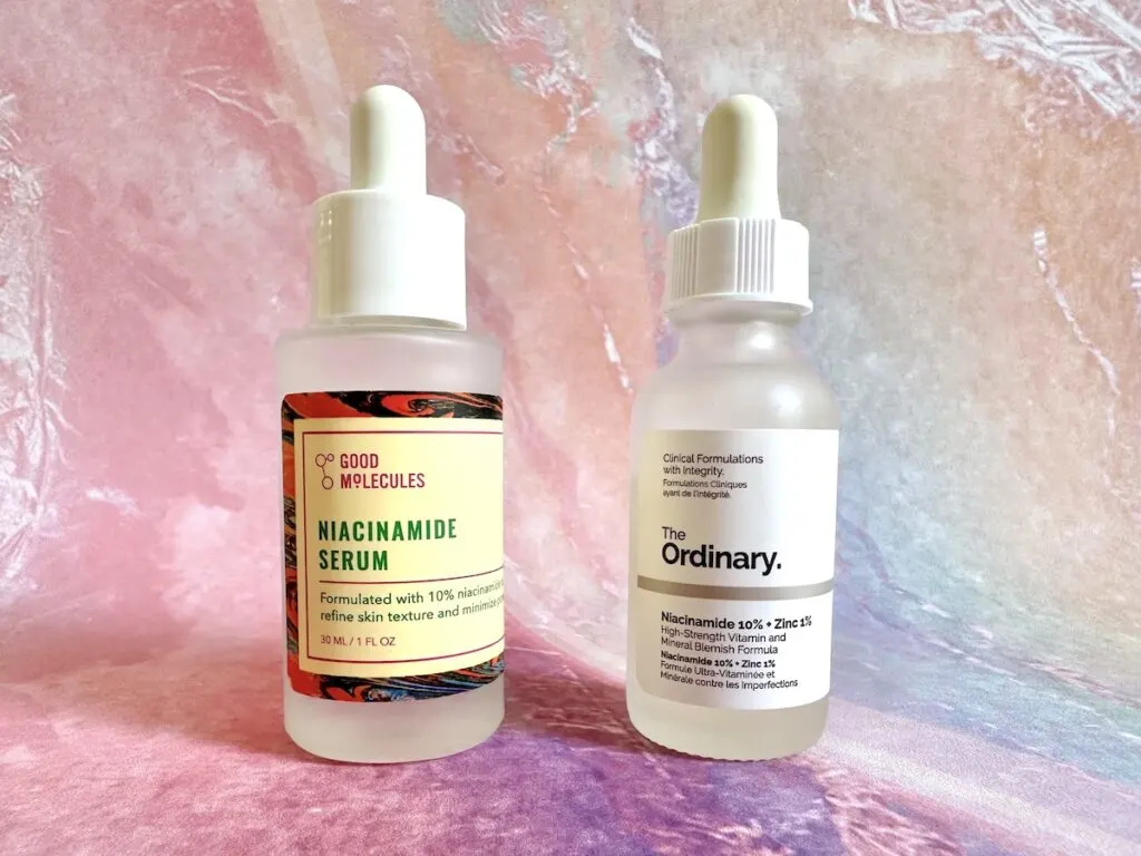 Good Molecules Niacinamide Serum and The Ordinary Niacinamide 10% + Zinc 1%.