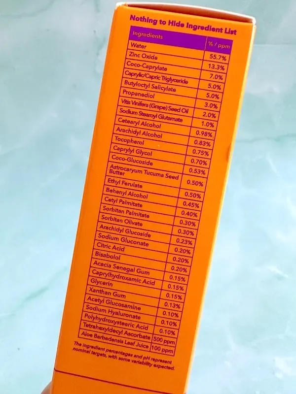 Good Molecules Sheer Mineral Sunscreen SPF 30 box ingredient list.