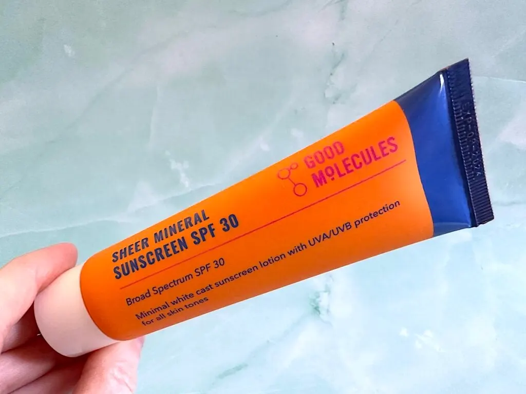 Good Molecules Sheer Mineral Sunscreen SPF 30 handheld.