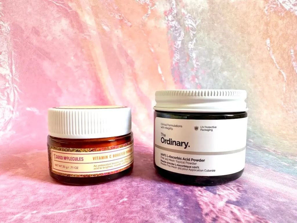 Good Molecules Vitamin C Booster Powder and The Ordinary 100% L-Ascorbic Acid Powder.