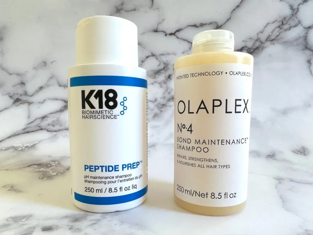 K18 Peptide Prep pH Maintenance Shampoo and Olaplex No.4 Bond Maintenance Shampoo.