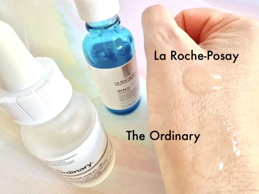 La Roche Posay Hyalu B5 Serum and The Ordinary Hyaluronic Acid 2% + B5, bottles next to samples on hand.