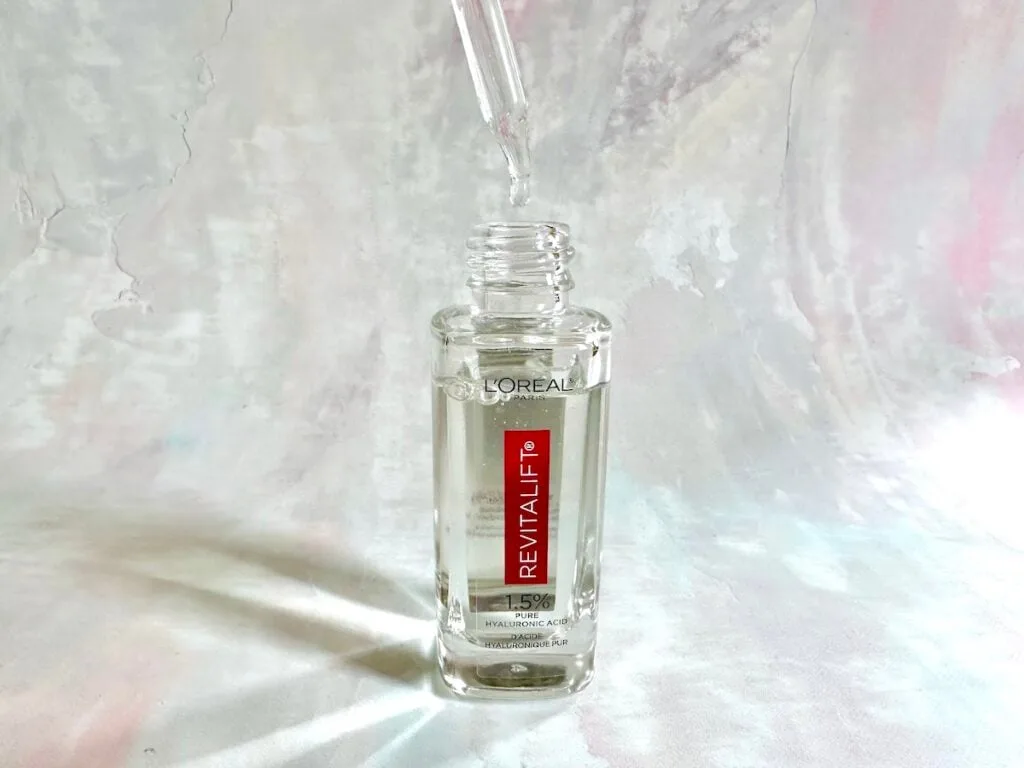 L’Oreal 1.5% Pure Hyaluronic Acid Serum, open bottle with dropper.