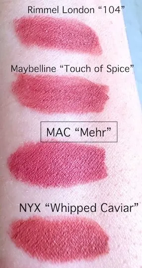 MAC Mehr dupe swatches from NYX, Maybelline and Rimmel London.