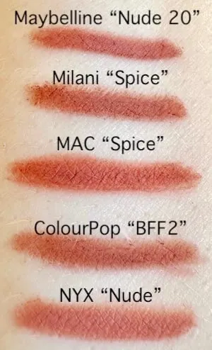 MAC Spice Lip Liner dupes from Maybelline, Milani ColourPop, and NYX.  Swatched on arm.