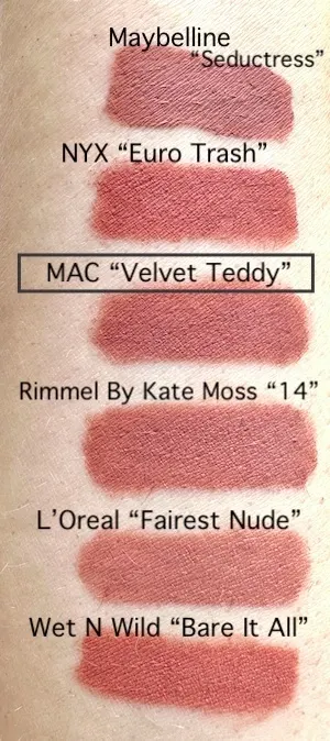 MAC Velvet Teddy Lipstick dupes from NYX, Maybelline, Rimmel London, L'Oreal and Wet n Wild, swatches sampled and labeled on arm.