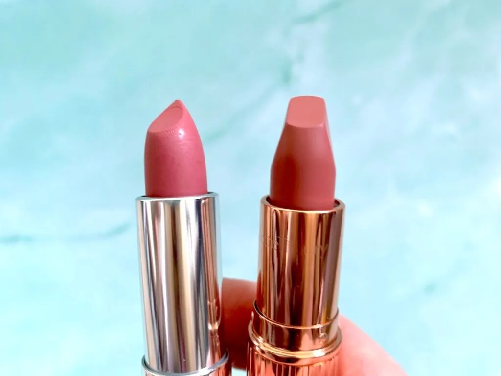 Maybelline Color Sensational The Mattes Lipstick in Almond Rose and Charlotte Tilbury Pillow Talk Lipstick opened.