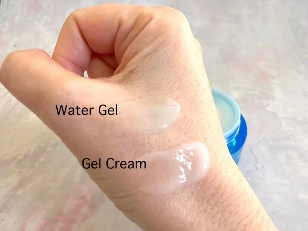 Neutrogena Hydro Boost Water Gel and Gel Cream sampled on hand.  Labeled "Water Gel" and "Gel Cream".