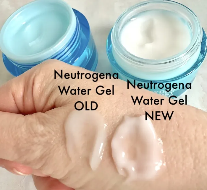 Neutrogena Hydro Boost Water Gel OLD and NEW formulas sampled on hand.