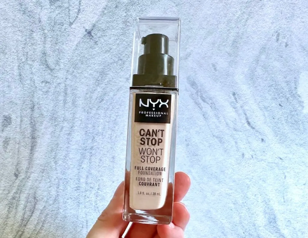 NYX Can't Stop Won't Stop Full Coverage Foundation in the shade Porcelain, handheld.