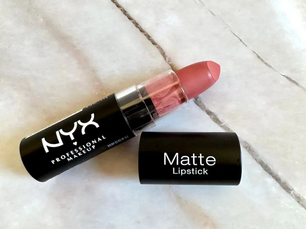 NYX Matte Lipstick in the shade Euro Trash, flatlay.