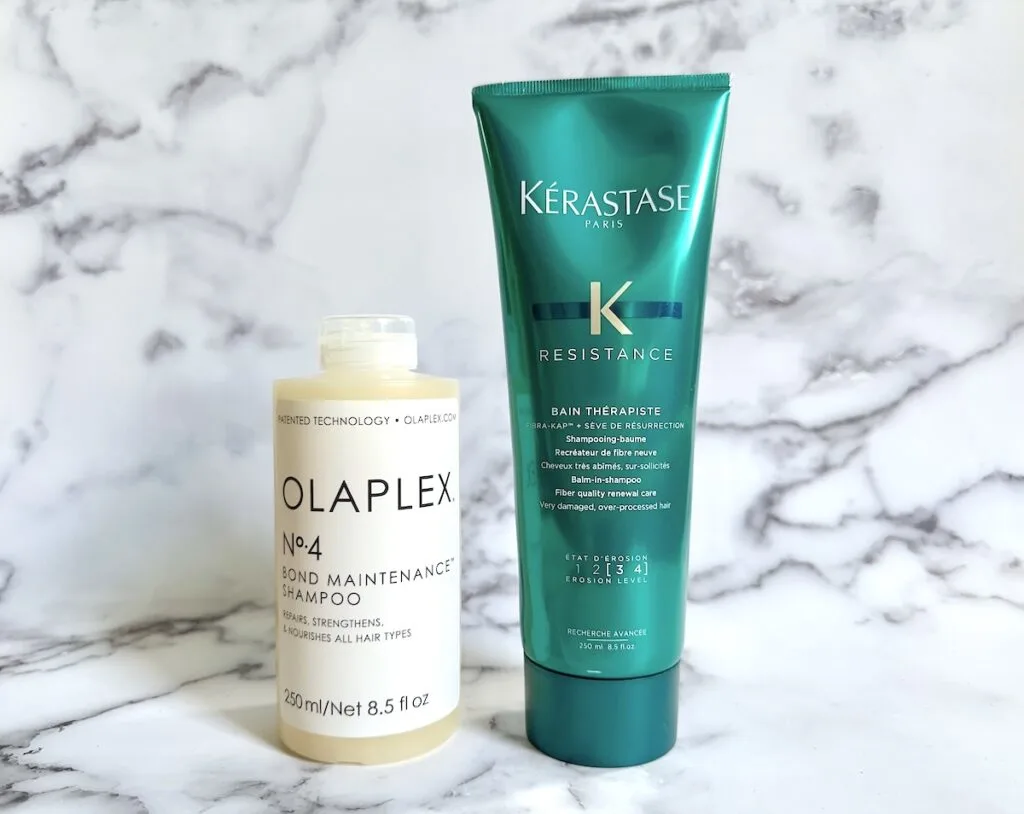 Olaplex No. 4 Bond Maintenance Shampoo and Kerastase Resistance Bain Therapiste Shampoo