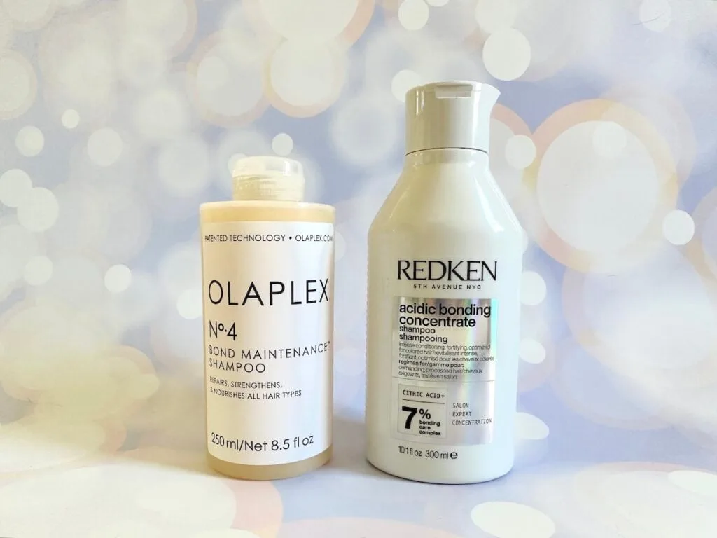 Olaplex No. 4 Bond Maintenance Shampoo and Redken Acidic Bonding Concentrate Shampoo.